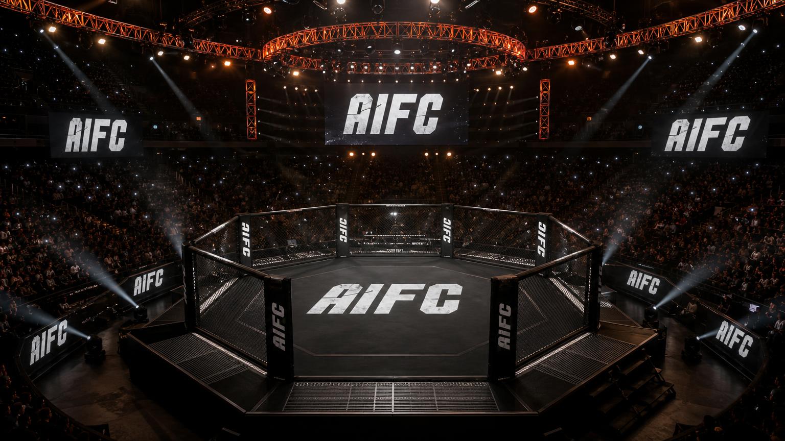 The branded AIFC octagon inside a floodlit stadium during a simulated robot bout